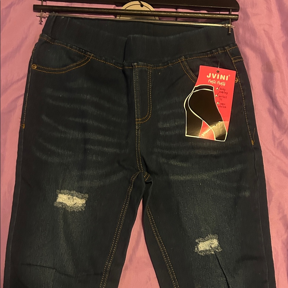 JVINI Dark Blue Distressed Stretch Jeggings